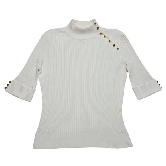 Evie Sweater Womens Large White Ribbed Mock Neck Half Sleeve Stretch Fitted - Picture 2 of 13
